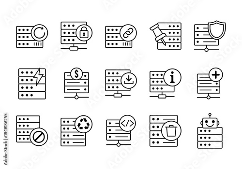 Database Administration Line Icons Representing Server Storage Monitoring Systems