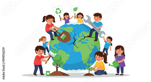 A group of diverse children planting trees and holding eco-friendly symbols around a large globe with a clean white background, conveying an environmentally friendly mood with green and