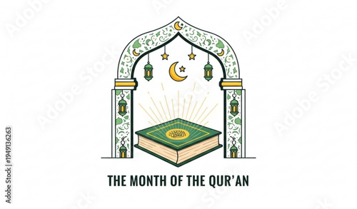Glowing Holy Quran Ramadan banner with Islamic arch lanterns and crescent vector illustration