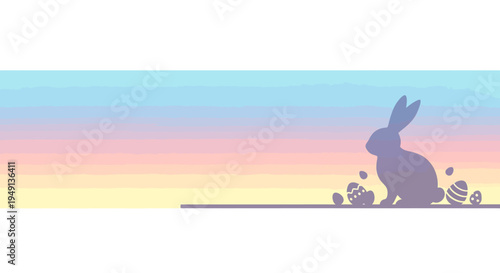 Easter bunny silhouette with colorful patterned eggs on a tranquil pastel gradient horizon background.