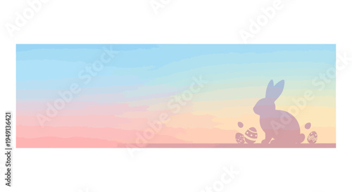 Easter bunny silhouette with colorful patterned eggs on a peaceful pastel gradient horizon background.