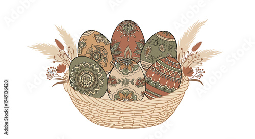 Woven basket filled with bohemian style patterned Easter eggs and dried floral arrangements on an isolated white background.