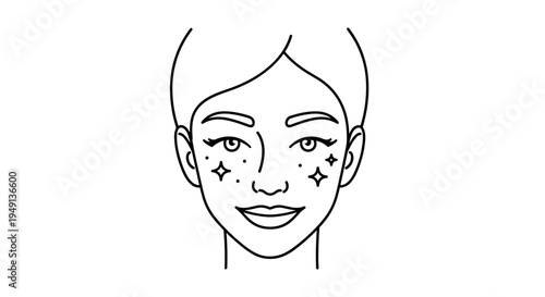 Smiling Woman Face with Glitter Sparkles Line Art Icon
