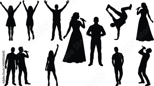 Singer dancer performer silhouette set including microphone vocalist breakdance hip hop dancer cheering crowd jumping people black isolated vector