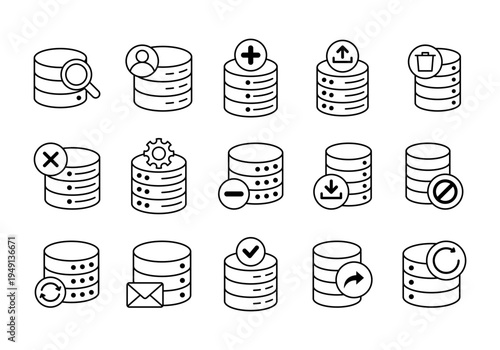 Database Storage Management Server Technology Collection With Line Style Data System Icons