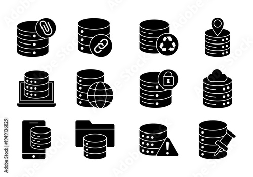Solid Style Database Storage Server Technology Icons For Data Management Systems