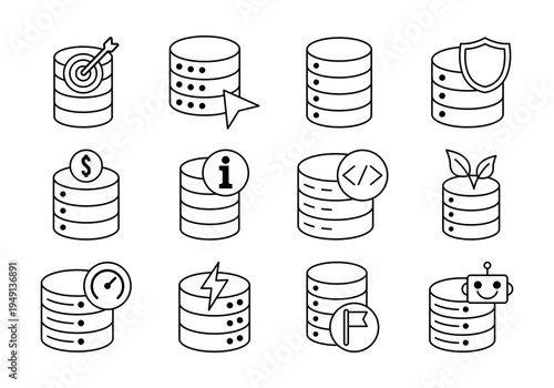 Database Storage Technology Line Icons For Server Systems And Data Infrastructure