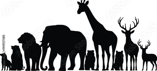 Safari wildlife animal silhouettes set with tiger leopard elephant rhinoceros giraffe zebra and deer minimal black vector animals isolated background