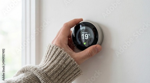 Foto Modern circular smart thermostat mounted on a white wall displaying 19 degrees, home automation concept