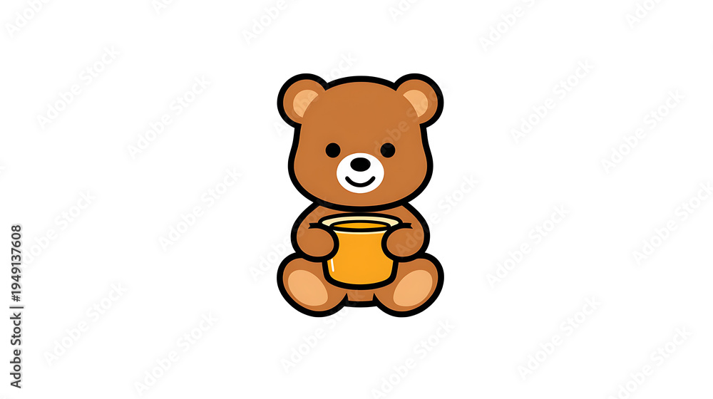 Fototapeta premium A cartoon bear is holding a cup of honey