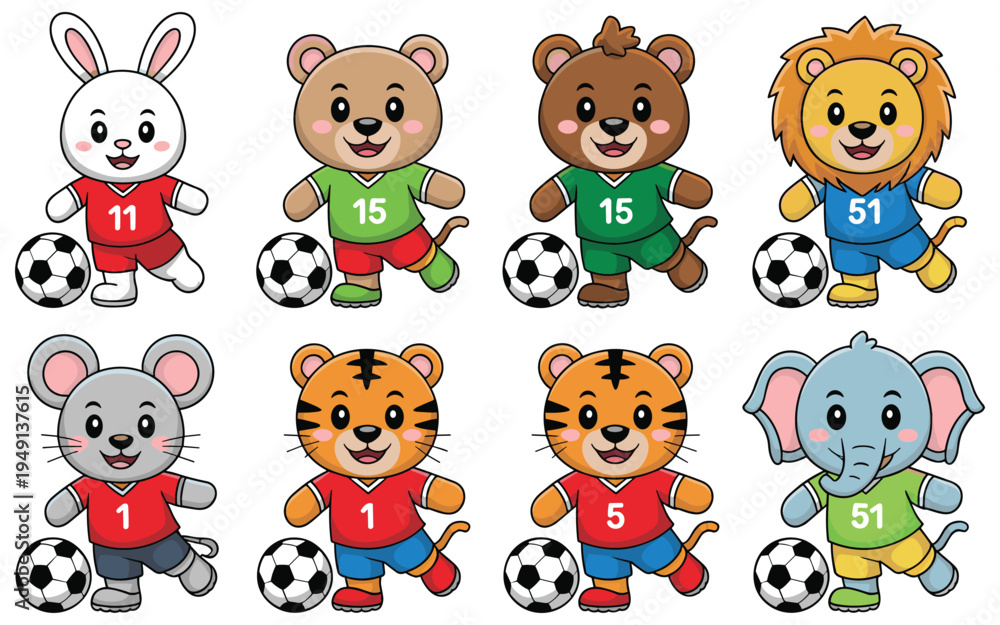 Fototapeta premium Cute Cartoon Animals Playing Soccer with Balls and Uniforms