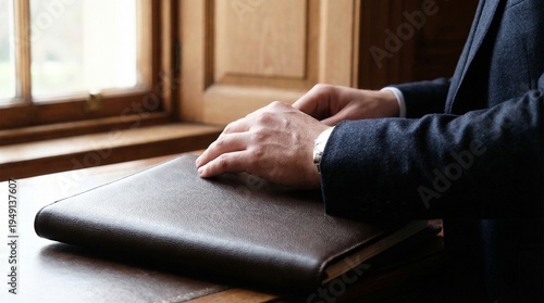 Fotografie Close up of a businessman hands resting on a brown leather portfolio folder on a wooden desk, waiting for interview