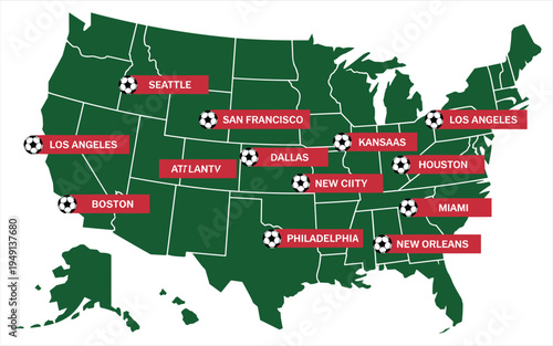 USA Map Soccer Team Locations with City Labels and Soccer Balls