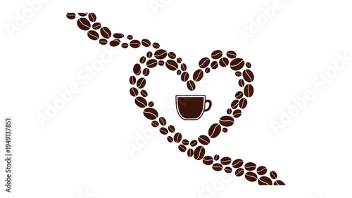 Coffee Love: Coffee beans, artfully arranged, form a heart shape with a coffee cup in the center, expressing a love for coffee. 