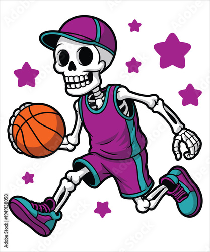 Skeleton Basketball Player Dribbling Ball Wearing Cap and Jersey Stock Illustration