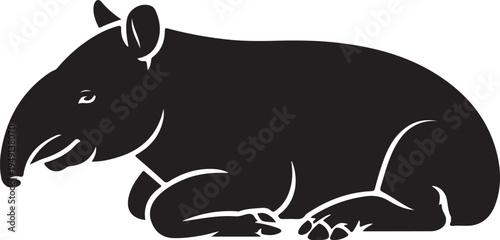 Black Silhouette of a Tapir Lying Down on White Background