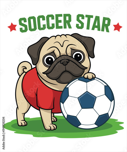 Cute Pug Dog Wearing Red Shirt with Soccer Ball on Grass