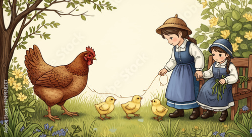 Two Girls Gently Interacting with a Mother Hen and Chicks in a Sunny Farm Garden