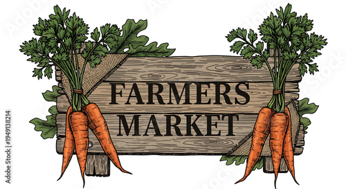 Colorful Farmers Market Wooden Sign with Fresh Carrots and Greenery in a Rural Setting