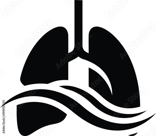 Vector art illustration of lungs with wavy lines representing air and a medical theme in a modern style.