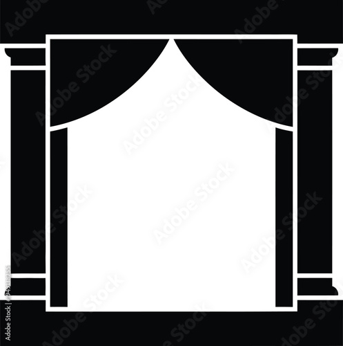 A vector art illustration of a white stage with a draped awning between two columns on a black background
