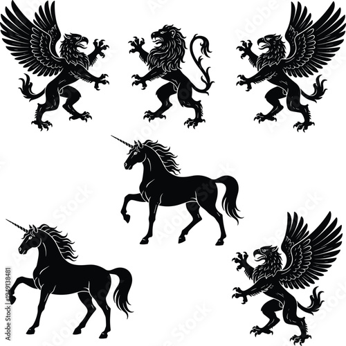 Heraldic mythical creature silhouette collection featuring majestic griffins lions and unicorns in noble poses for medieval coat of arms fantasy branding and historical vector emblem designs