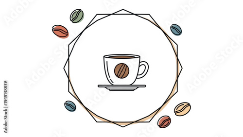 Coffee Cup Icon: A stylish and inviting coffee cup icon, set within an elegant geometric frame, adorned with scattered coffee beans, perfect for cafes, blogs, or any design needs.