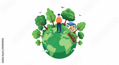 Illustration of a man standing on a globe surrounded by trees and a house with a natural and eco-friendly mood.
