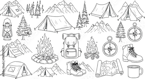 Camping icons and objects isolated on transparent background
