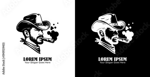Logo design in the form of a cowboy's head smoking a cigar