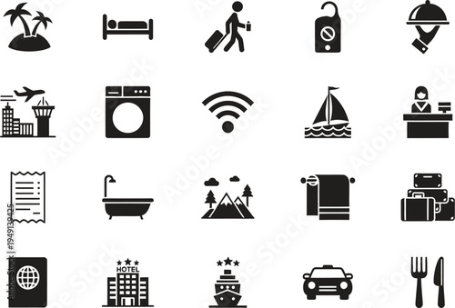 A collection of black and white travel icons on a clean white background