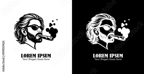 The logo design is in the form of a young man's head with long hair smoking a cigar
