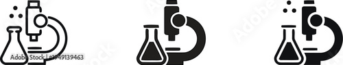 A set of three black and white icons featuring a microscope and beaker on a white background