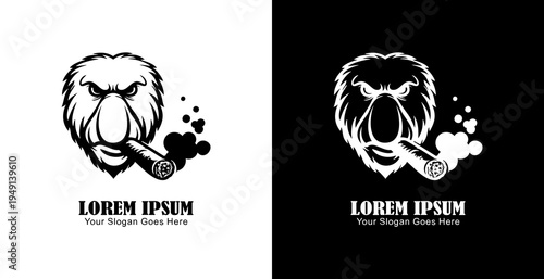Logo design in the shape of a proboscis monkey's head smoking a cigar