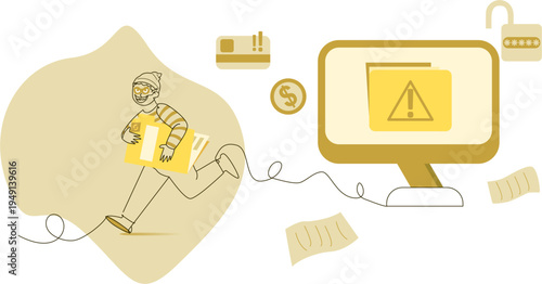Cybersecurity data theft concept. Hacker stealing digital information from computer system minimal line art vector illustration emphasizing financial and digital vulnerabilities