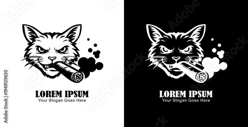 Logo design in the shape of a cat's head smoking a cigar