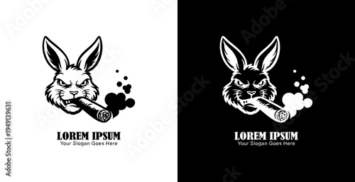 Logo design in the shape of a rabbit's head smoking a cigar