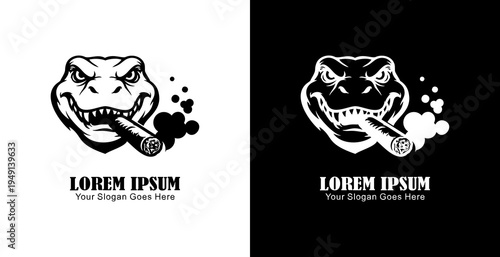 Logo design in the shape of a crocodile head smoking a cigar
