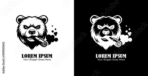 Logo design in the shape of a bear's head smoking a cigar