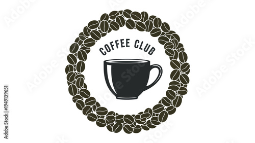 Coffee Club Emblem: A stylish emblem features a central coffee cup encircled by a wreath of coffee beans, signifying the essence of a social gathering for coffee enthusiasts. 