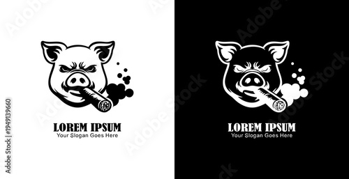 Logo design in the shape of a pig's head smoking a cigar