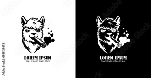 Logo design in the shape of an alpaca head smoking a cigar