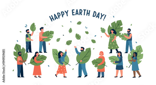 Illustration of diverse people holding leaves with 'HAPPY EARTH DAY!' text on a white background, conveying an eco-friendly mood.