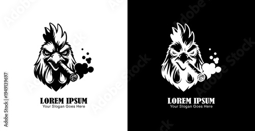 Logo design in the shape of a chicken's head smoking a cigar