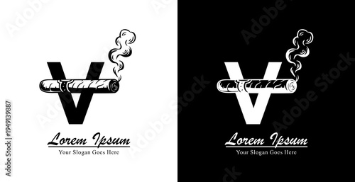 V letter logo design combined with a cigar