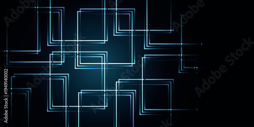 Dark blue abstract background with repeating, connected glowing square lines. Modern and futuristic checkered line design for covers, banners, brochures, presentations, and certificates. EPS. 3