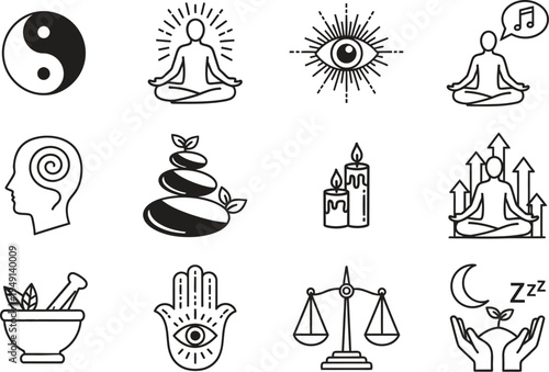 A collection of black and white icons representing various spiritual and wellness concepts.