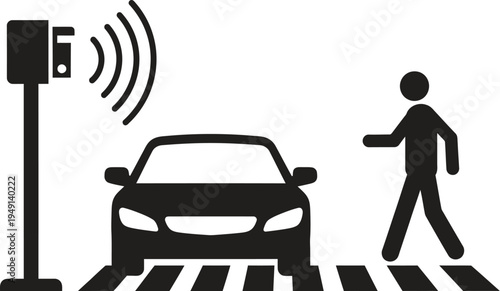 A black and white illustration of a car and pedestrian crossing the road with a traffic signal