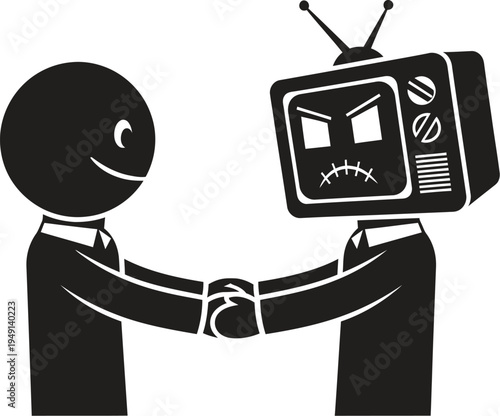 A cartoon character shaking hands with a television set with a face