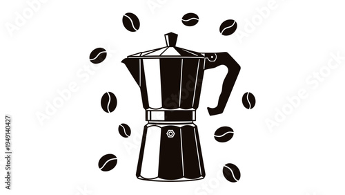 Coffee Brew Icon: A stylish monochrome illustration showcases a classic coffee maker surrounded by coffee beans, perfect for café branding or illustrating coffee culture.